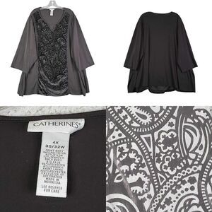 Catherines Shirt Tunic Women's Plus 4X Black Velvet Burnout Pullover 3/4 Sleeve